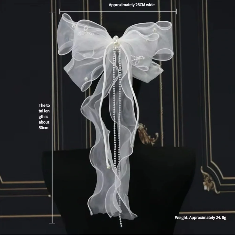 Oversized White Mesh Bow With Pearls Hair Clip